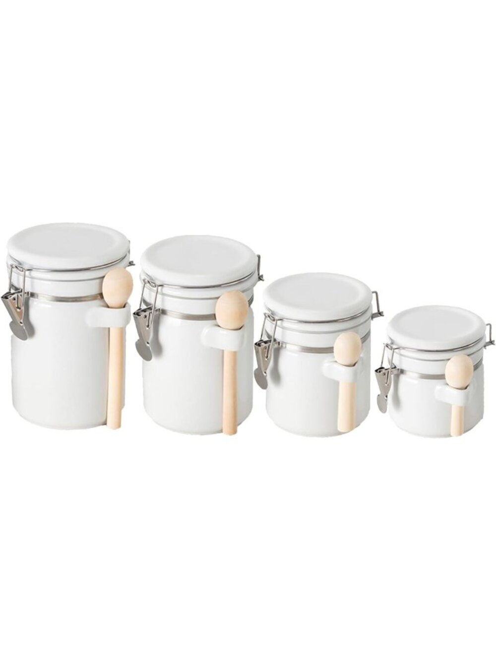 Stylish 4-Piece White Ceramic Canister Set with Wooden Spoons for Kitchen